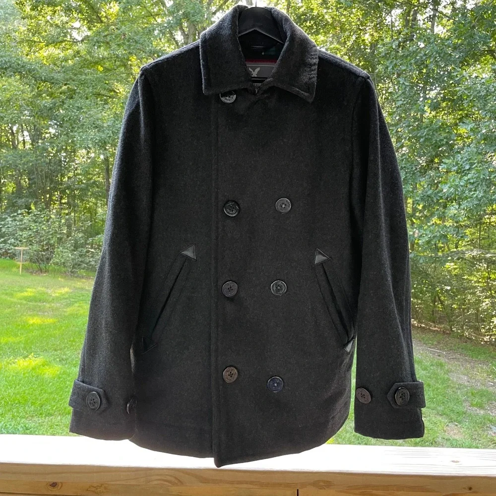 American Eagle Outfitters Mens Wool Blend Double Breasted Pea Coat Charcoal S
